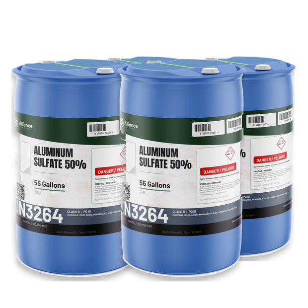Aluminum Sulfate 50% Technical Grade four 55-gallon drums Alliance Chemical for municipal water treatment and sludge dewatering