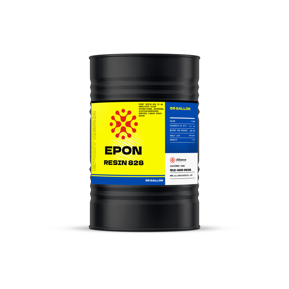 55-gallon black industrial drum of EPON Resin 828 epoxy resin with yellow label, Alliance Chemical branding and technical specifications panel.