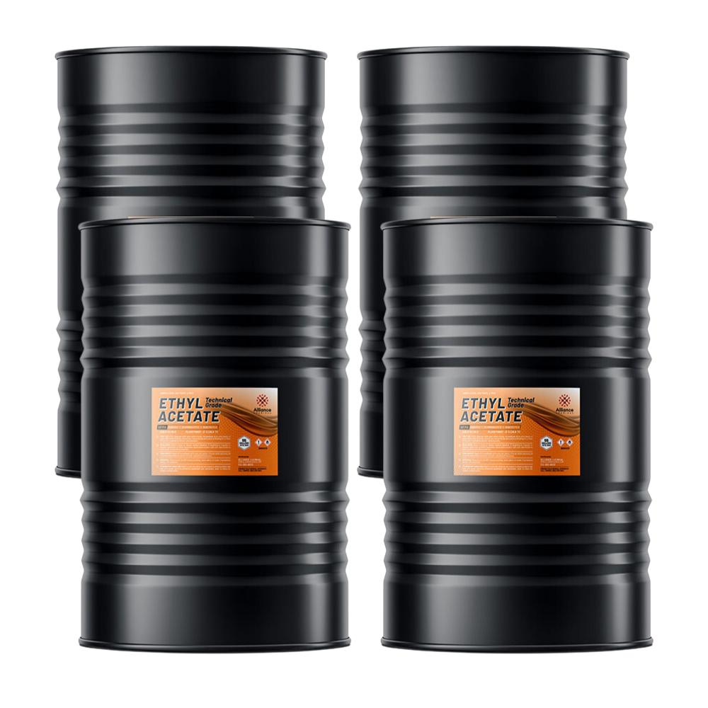 4x55 gallon black steel drums of technical-grade Ethyl Acetate with orange hazard warning labels, industrial chemical storage containers.