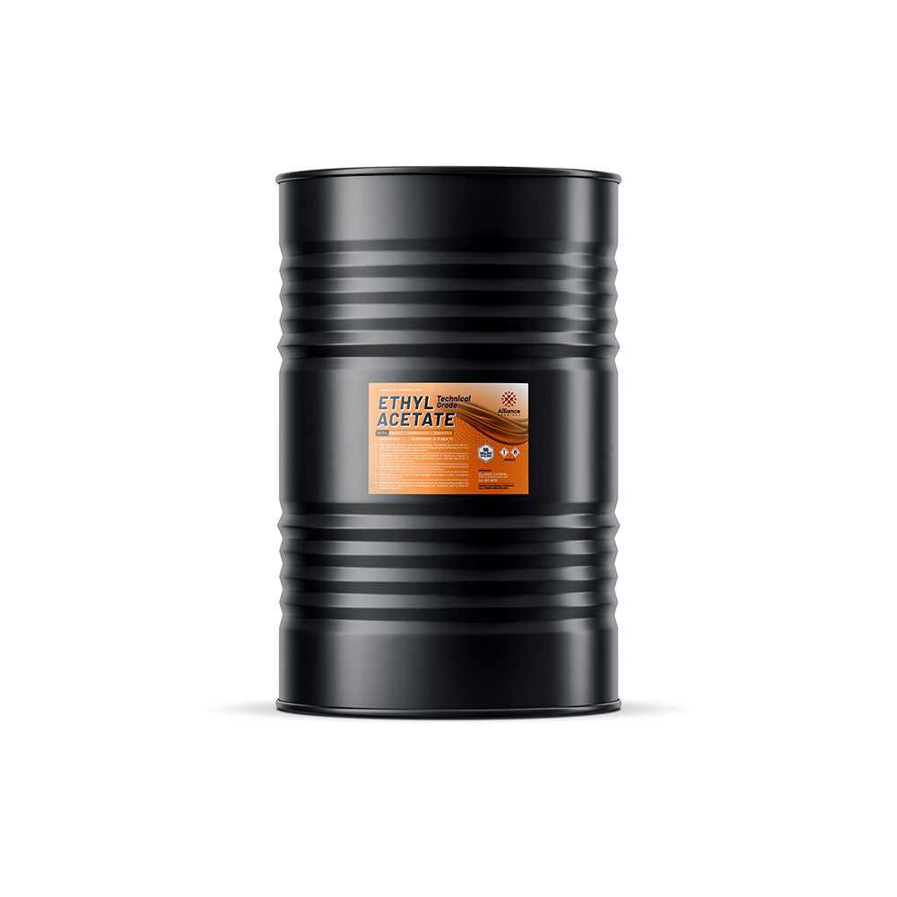 55-gallon black steel drum of technical-grade Ethyl Acetate with orange hazard warning label, ribbed construction, and industrial chemical markings.