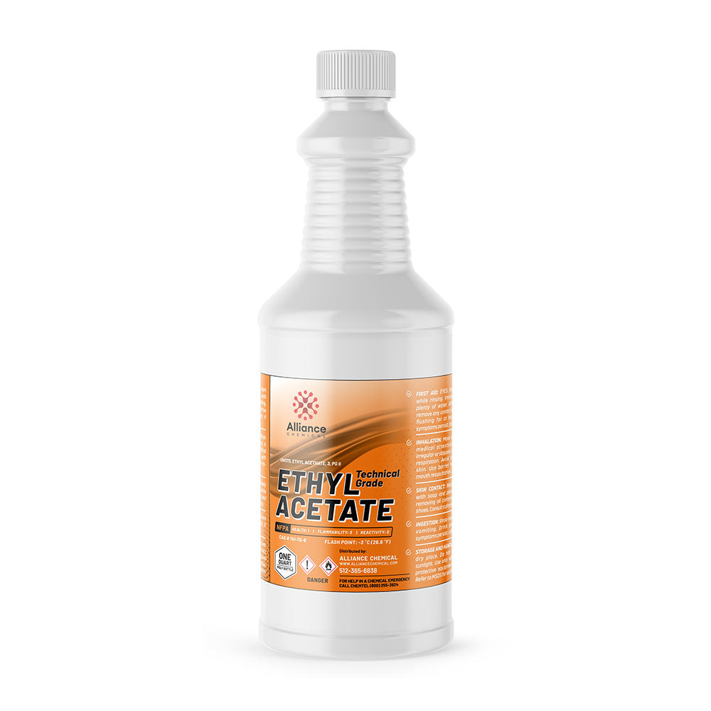 Quart bottle of technical-grade Ethyl Acetate solvent by Alliance Chemical in white HDPE container with orange safety label and flammable warnings.