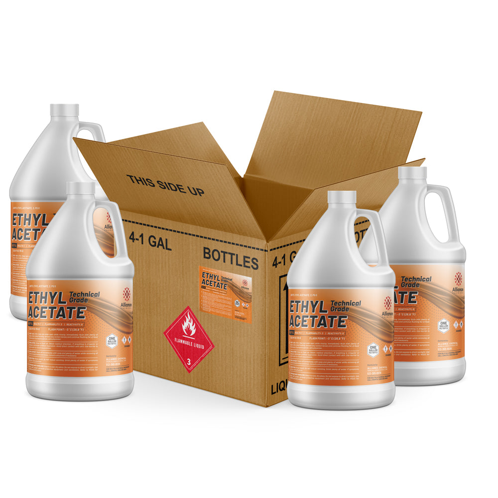 4x1-gallon technical-grade Ethyl Acetate in HDPE containers with flammable liquid Class 3 warning label, orange labeling, cardboard shipping box.