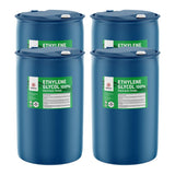 Four 55-gallon plastic drums of Alliance Chemical Ethylene Glycol Semiconductor Grade with labels and white caps