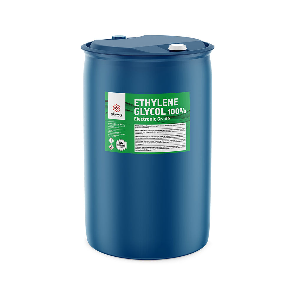 55-gallon blue polyethylene drum of 100% Electronic Grade Ethylene Glycol by Alliance Chemical, featuring hazard symbols and safety labeling.