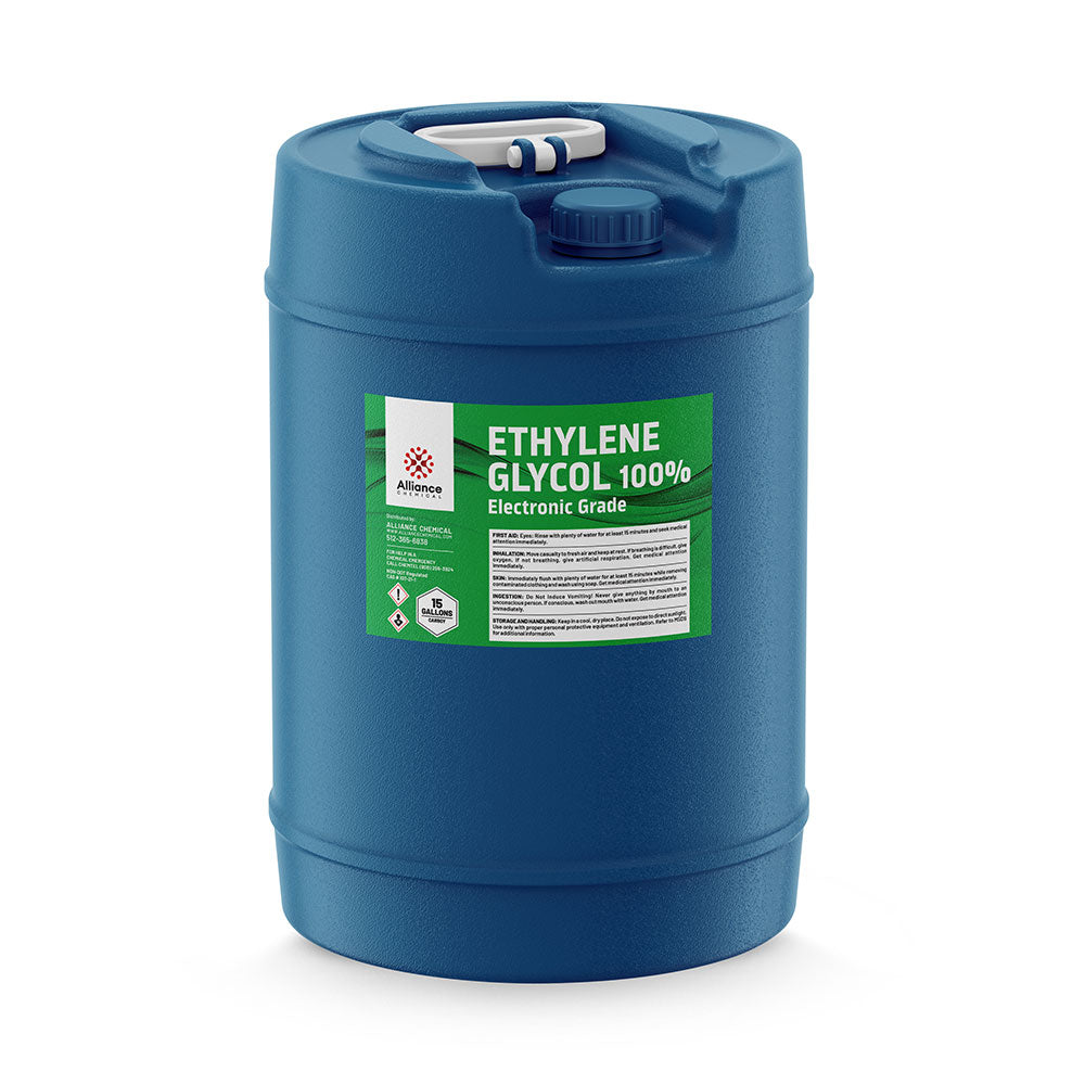 15-gallon blue HDPE carboy of 100% Electronic Grade Ethylene Glycol by Alliance Chemical with hazard warning symbols and secure cap system.