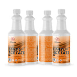 Alliance Chemical 32 fl oz HDPE bottles of technical-grade Ethyl Acetate, displaying NFPA diamond, flammability warnings