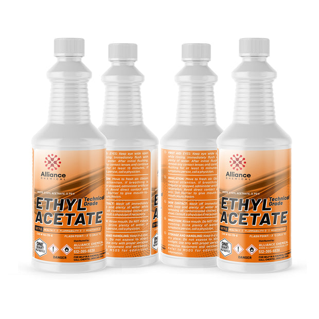 Alliance Chemical 32 fl oz HDPE bottles of technical-grade Ethyl Acetate, displaying NFPA diamond, flammability warnings