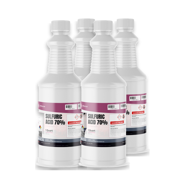 Sulfuric Acid 70% Technical Grade, four 1-quart plastic bottles for pH neutralization, Alliance Chemical