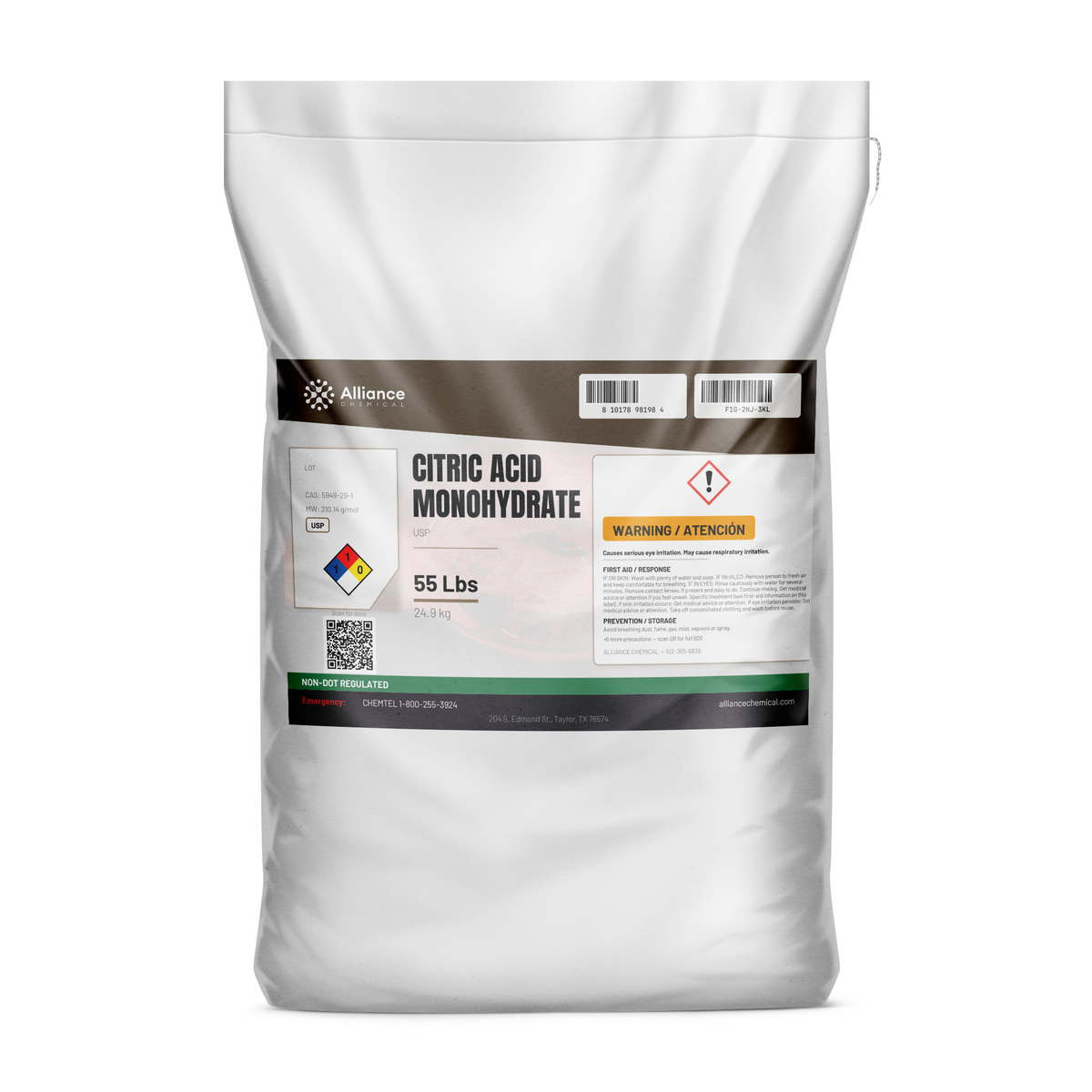 Citric Acid Monohydrate USP Food Grade in a 55-lb bag for pH adjustment and food preservation, Alliance Chemical