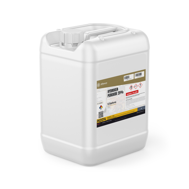 Hydrogen Peroxide 25% Technical Grade in a white 5-gallon jerry can by Alliance Chemical
