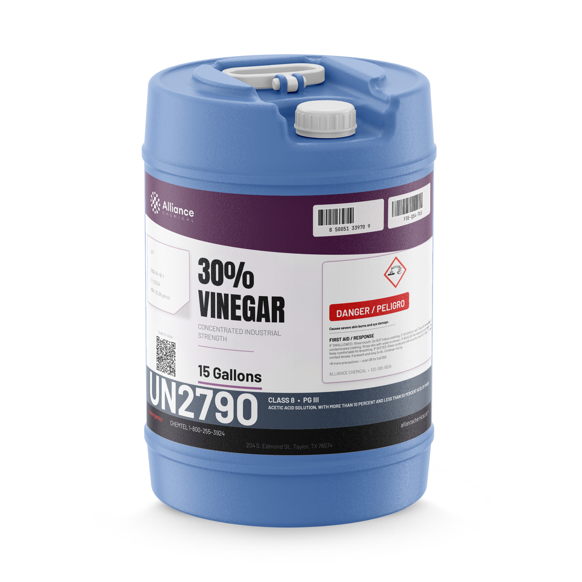30% concentrated industrial vinegar in a 15-gallon blue carboy, Alliance Chemical for wastewater pH adjustment