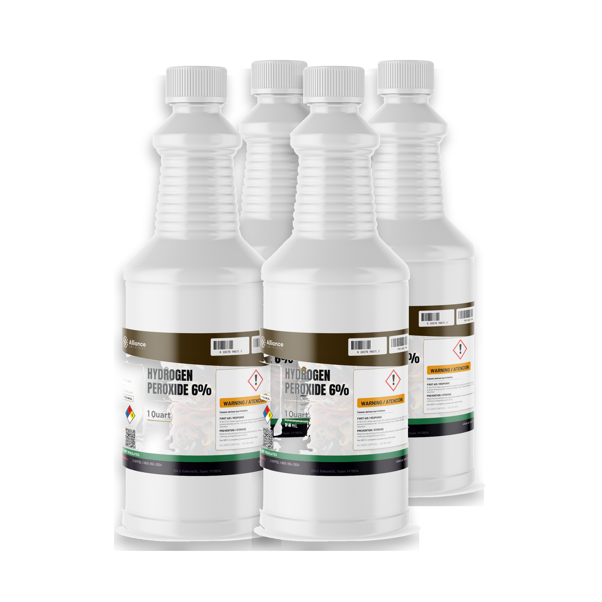 Hydrogen Peroxide 6% Technical Grade in four 1-quart white plastic bottles from Alliance Chemical