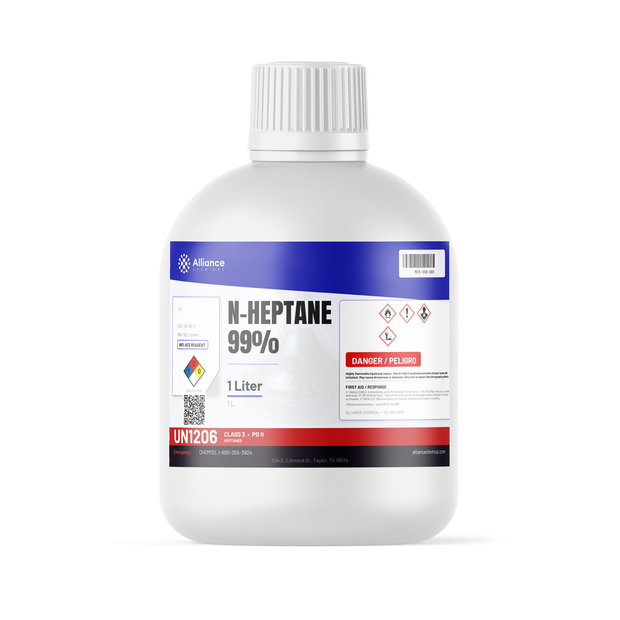 n-Heptane 99% ACS grade in a 1-liter plastic bottle from Alliance Chemical for extraction and chromatography