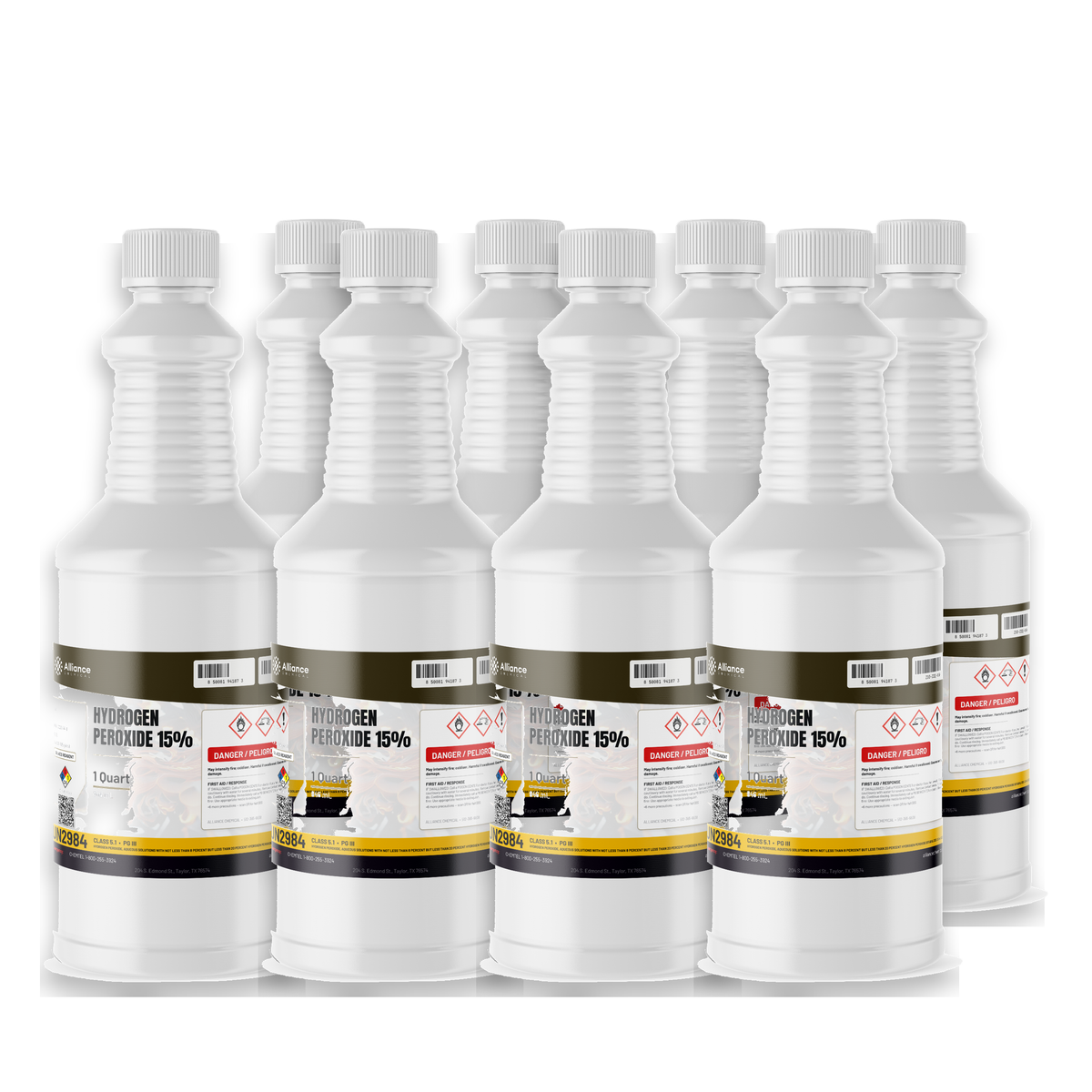Hydrogen Peroxide 15% ACS Grade in eight 1-quart plastic bottles from Alliance Chemical