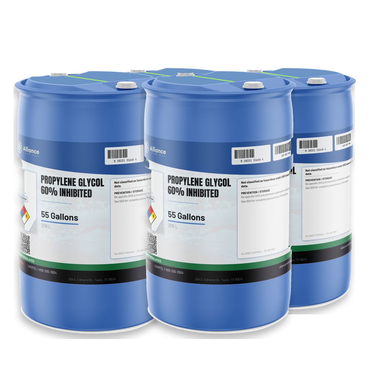 Propylene Glycol 60% Inhibited in four 55-gallon blue poly drums from Alliance Chemical