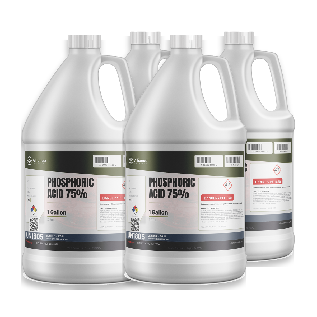 Phosphoric Acid 75% Technical Grade in four 1-gallon jugs for rust conversion, Alliance Chemical