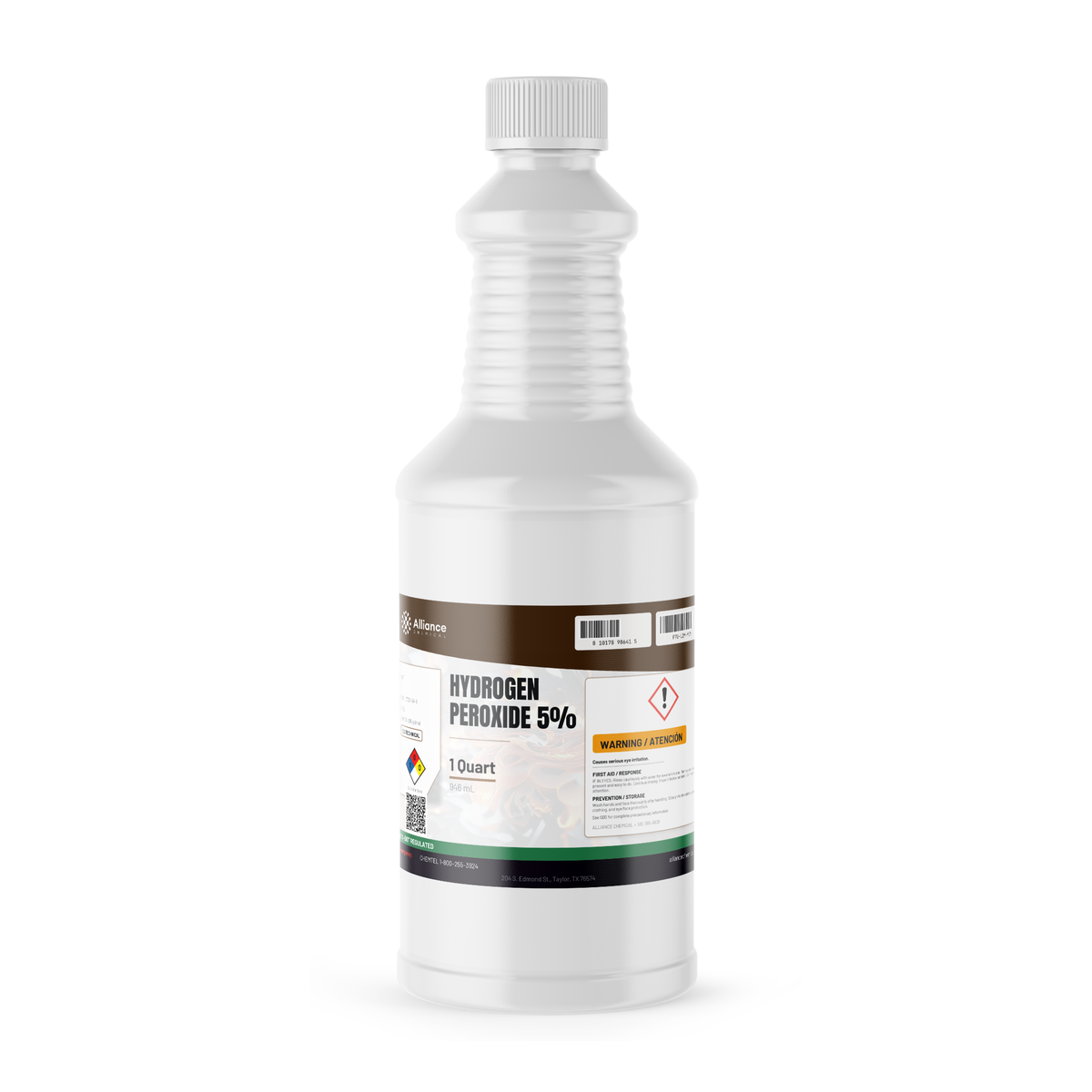 Hydrogen Peroxide 5% Technical Grade in a 1-quart white plastic bottle from Alliance Chemical