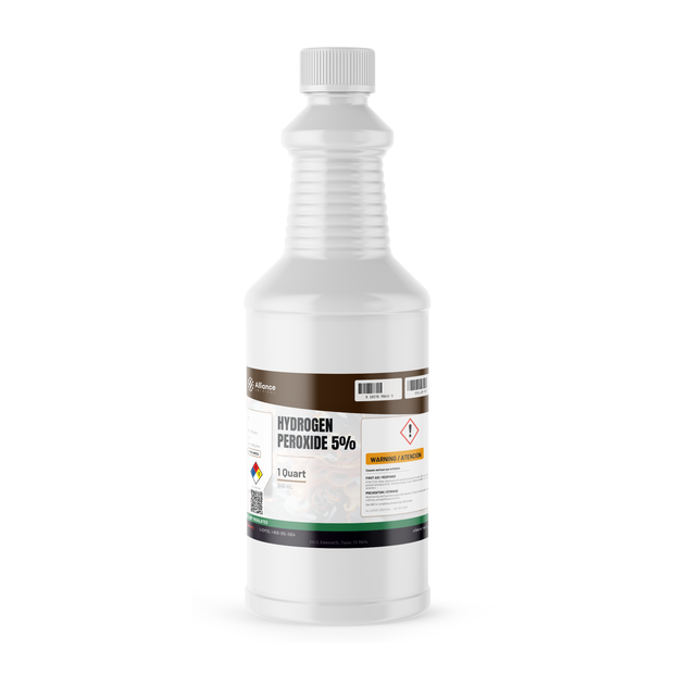 Hydrogen Peroxide 5% Technical Grade in a 1-quart white plastic bottle from Alliance Chemical