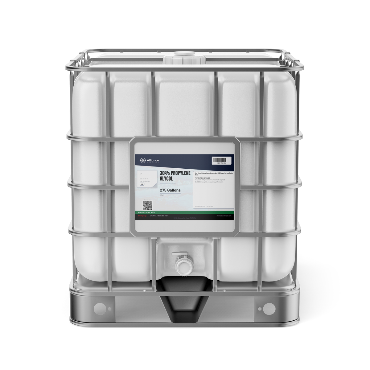30% Propylene Glycol USP Grade in a white 275-gallon caged IBC tote from Alliance Chemical