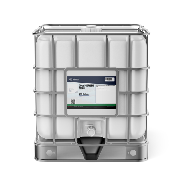 30% Propylene Glycol USP Grade in a white 275-gallon caged IBC tote from Alliance Chemical