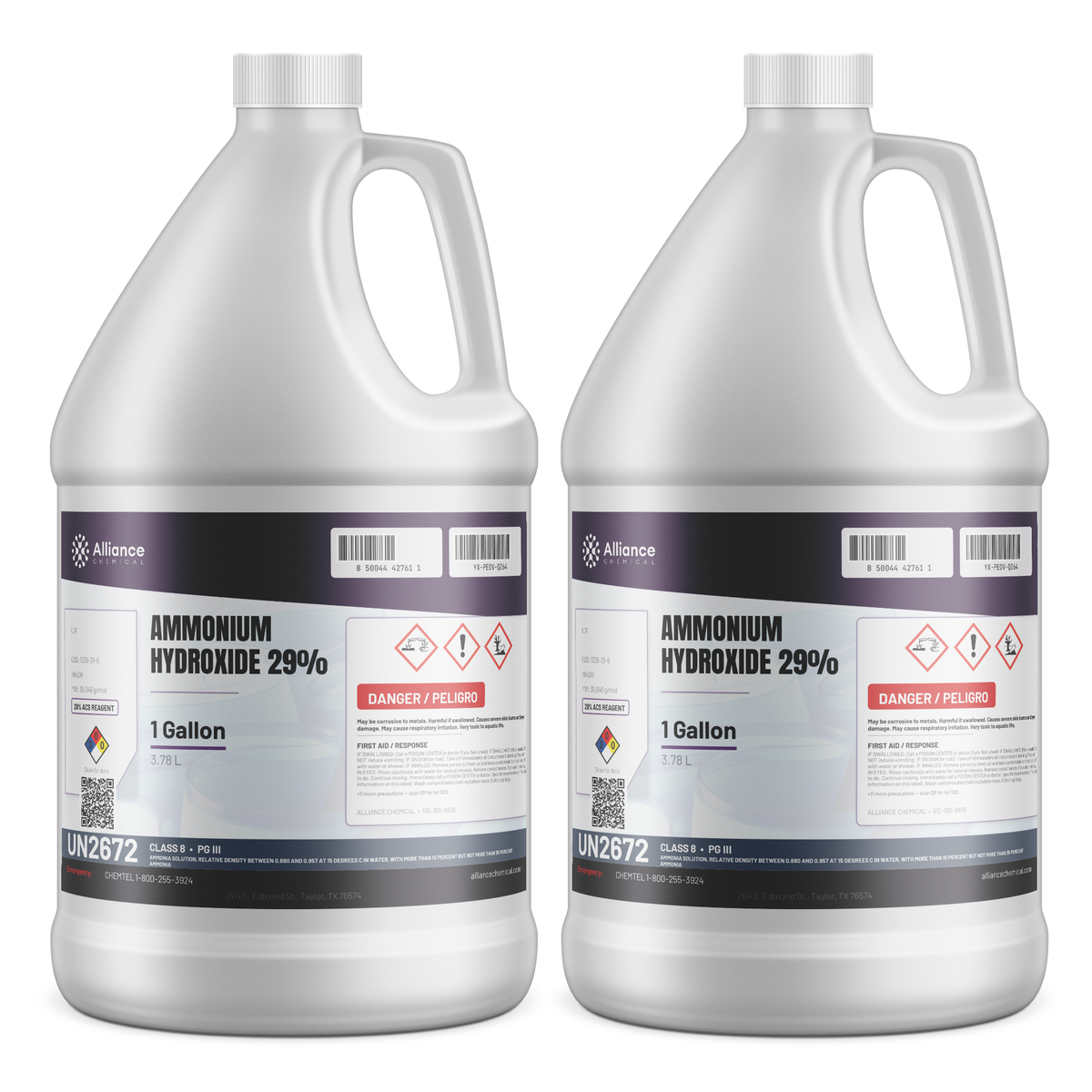 Ammonium Hydroxide 29% ACS Reagent Grade in two 1-gallon jugs for laboratory analysis, Alliance Chemical