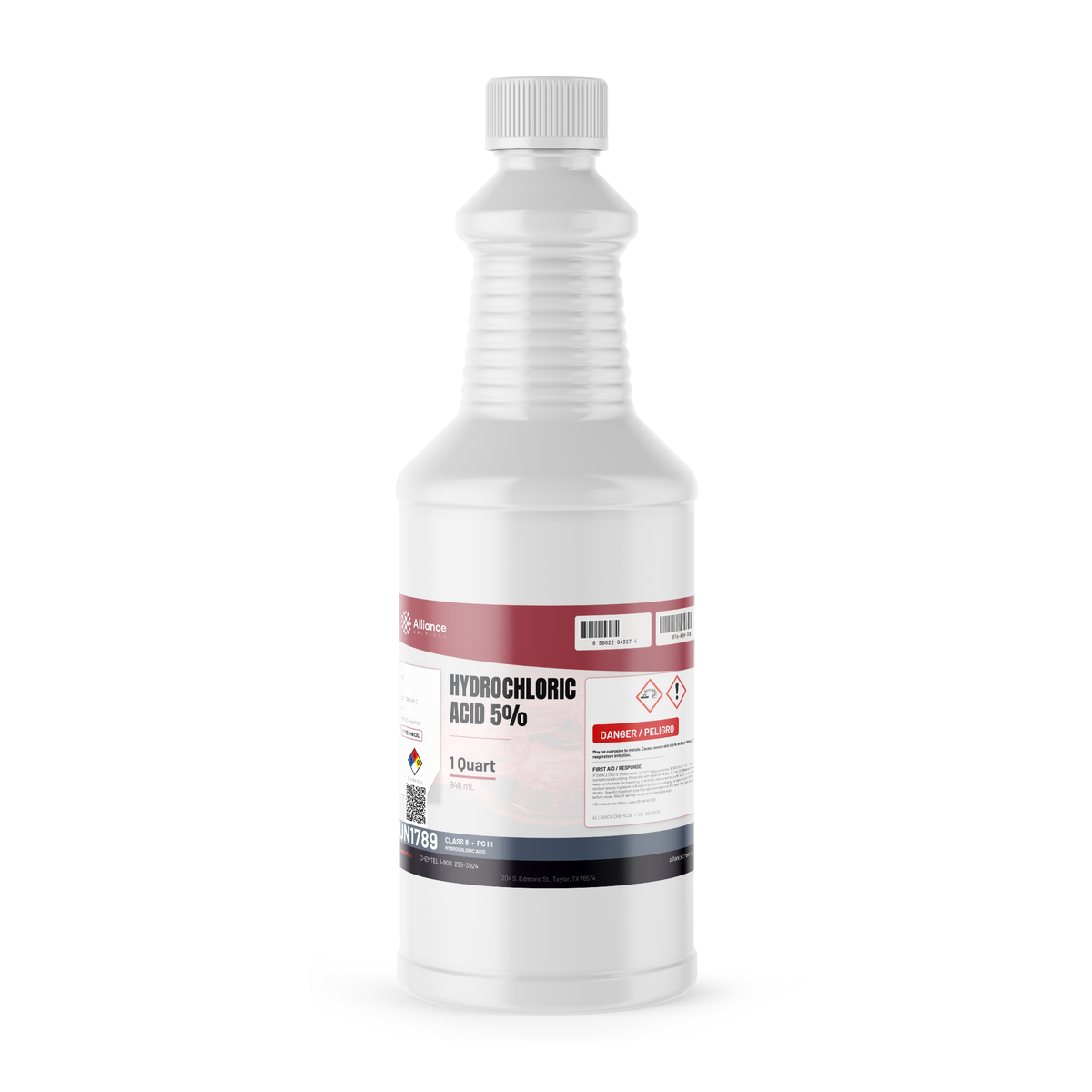 Hydrochloric Acid 5% Technical Grade in a 1-quart plastic bottle from Alliance Chemical for industrial descaling