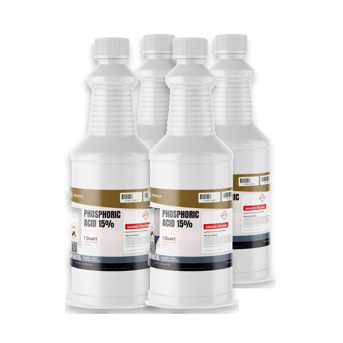 Phosphoric Acid 15% Technical Grade in four 1-quart plastic bottles, Alliance Chemical