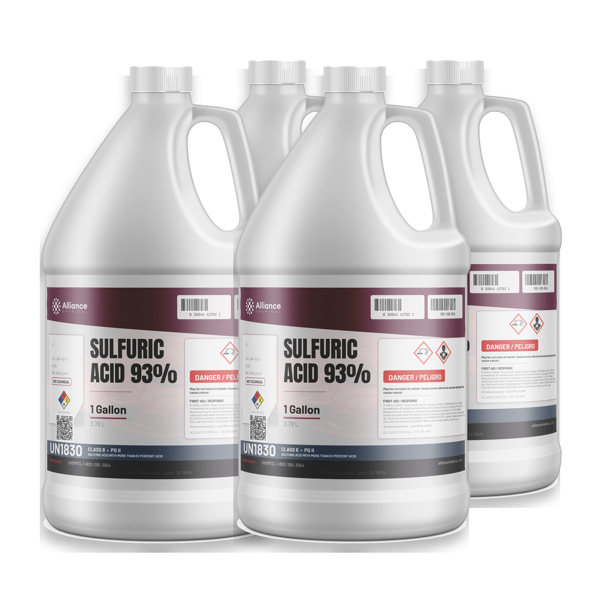 Sulfuric Acid 93% Technical Grade in four 1-gallon plastic jugs from Alliance Chemical for metal pickling and scale removal