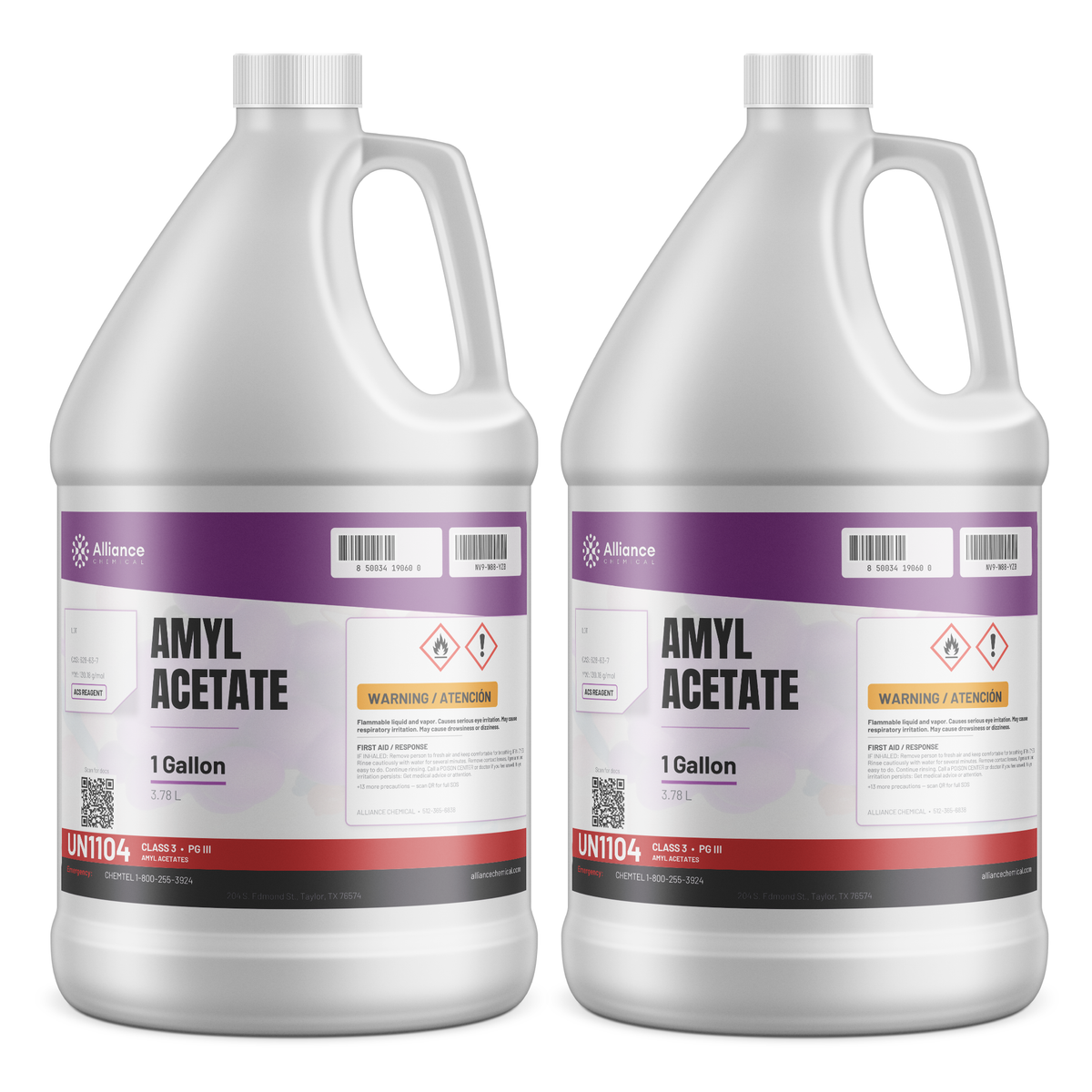 Amyl Acetate ACS Grade in two 1-gallon plastic jugs, Alliance Chemical, for lacquer formulations and testing