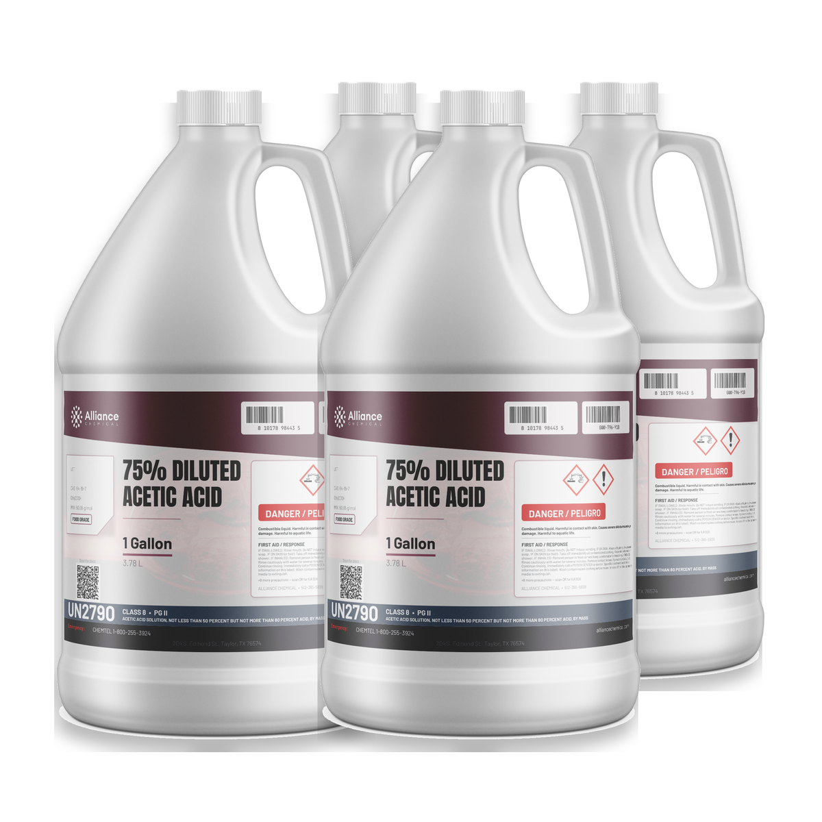 75% Diluted Acetic Acid Food Grade liquid in a case of four 1-gallon jugs, Alliance Chemical