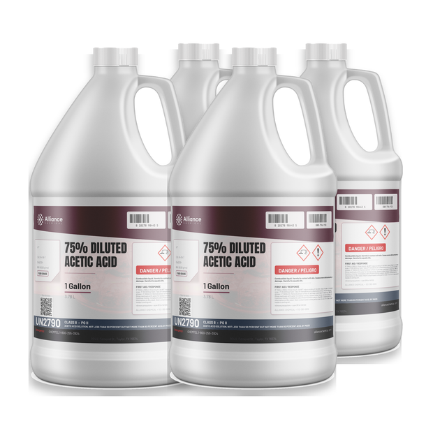 75% Diluted Acetic Acid Food Grade liquid in a case of four 1-gallon jugs, Alliance Chemical