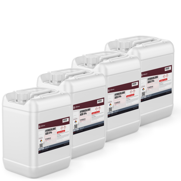 Hydrochloric Acid 5% ACS Reagent Grade in four 5-gallon jerry cans from Alliance Chemical