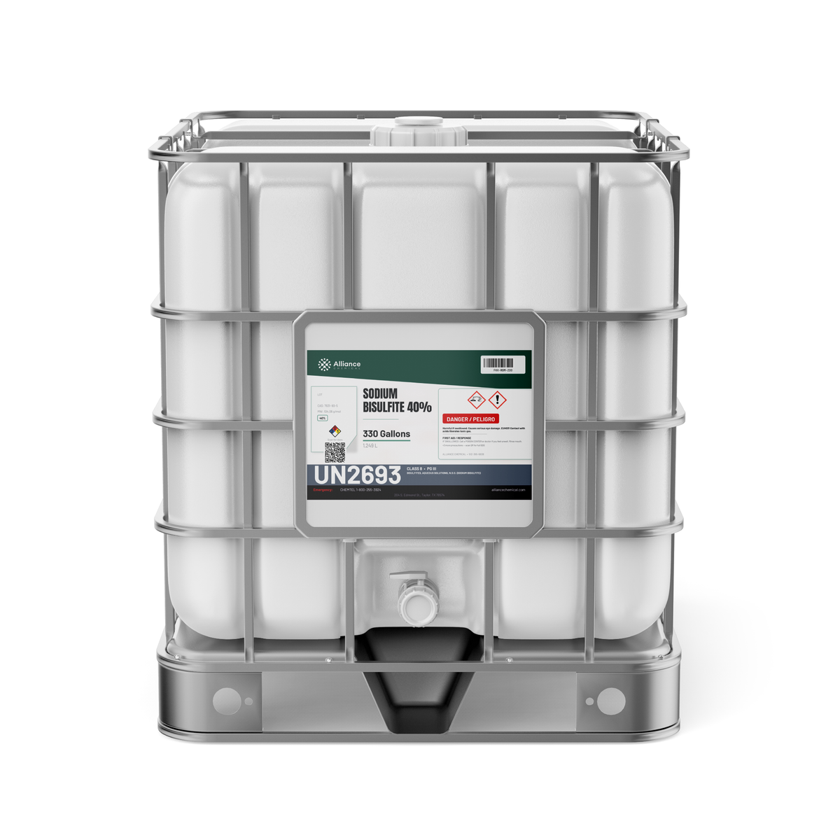 Sodium bisulfite 40% technical grade in a 330-gallon IBC tote from Alliance Chemical for wastewater dechlorination