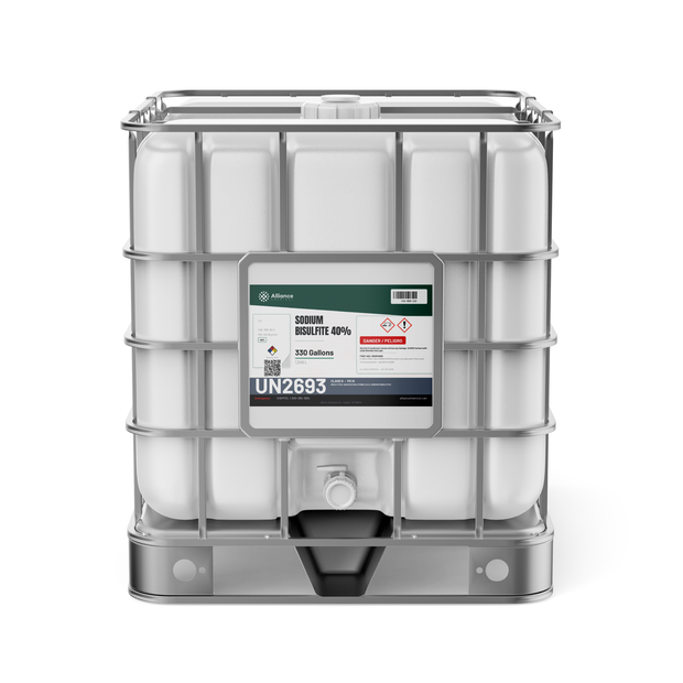 Sodium bisulfite 40% technical grade in a 330-gallon IBC tote from Alliance Chemical for wastewater dechlorination