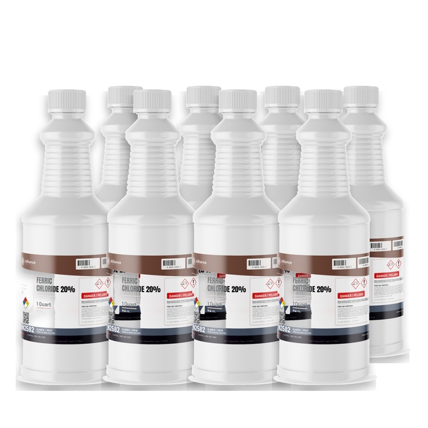 Ferric Chloride 20% Technical Grade in eight 1-quart plastic bottles from Alliance Chemical