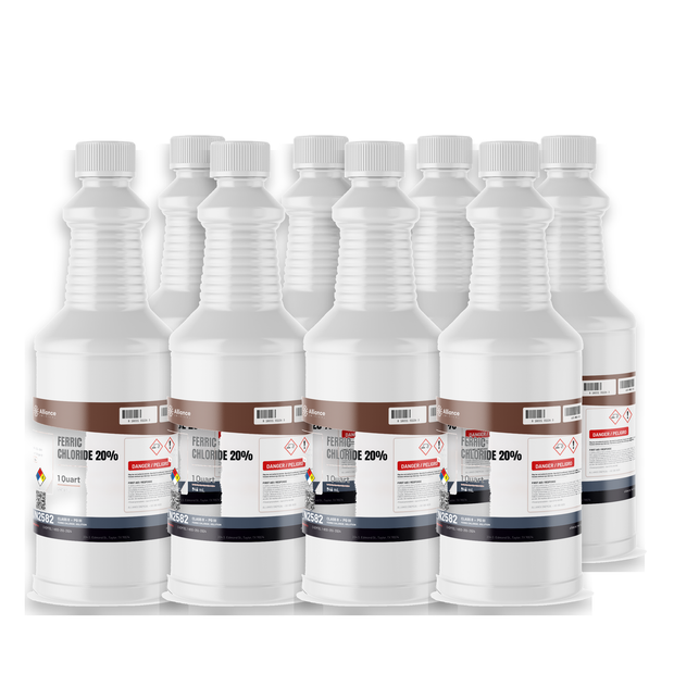 Ferric Chloride 20% Technical Grade in eight 1-quart plastic bottles from Alliance Chemical for water treatment and metal etching