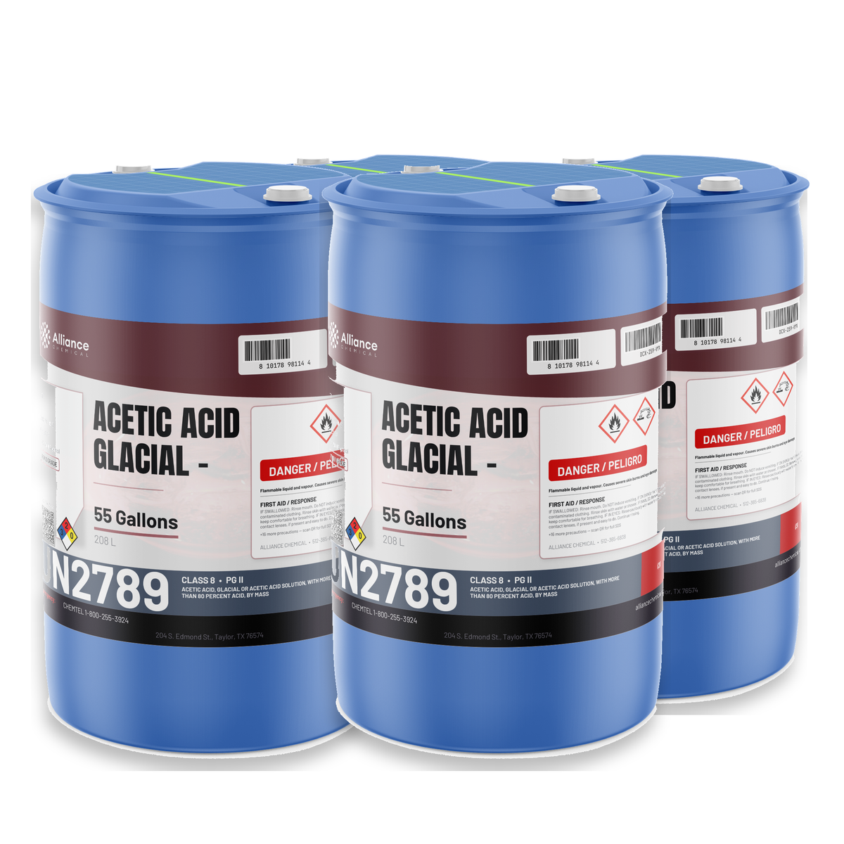 Acetic acid glacial food grade in four 55-gallon blue plastic drums from Alliance Chemical