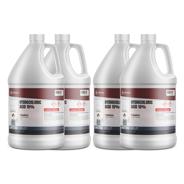 Hydrochloric Acid 15% ACS Reagent Grade in a case of four 1-gallon plastic jugs, Alliance Chemical