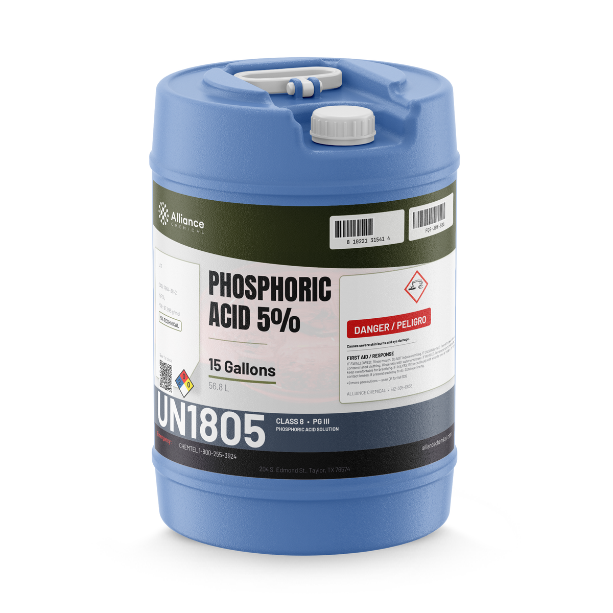 Phosphoric Acid 5% Technical Grade in a blue 15-gallon plastic carboy, Alliance Chemical