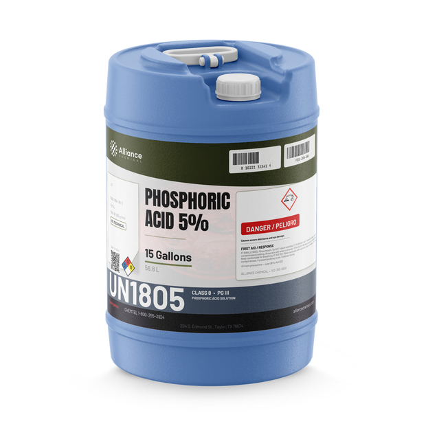 Phosphoric Acid 5% Technical Grade in a blue 15-gallon plastic carboy, Alliance Chemical
