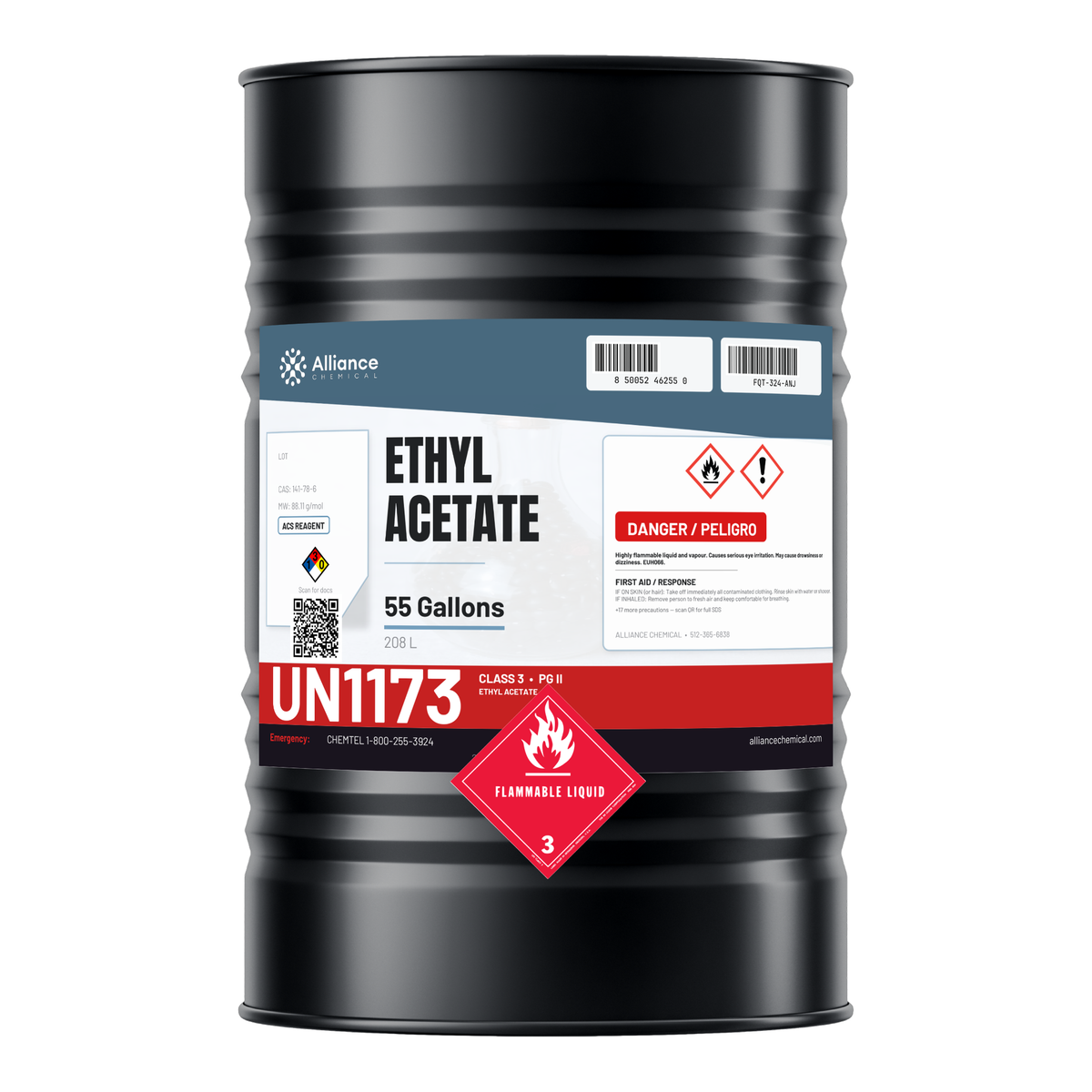 Ethyl Acetate ACS Reagent Grade in a 55-gallon steel drum from Alliance Chemical for industrial surface coatings and lacquers