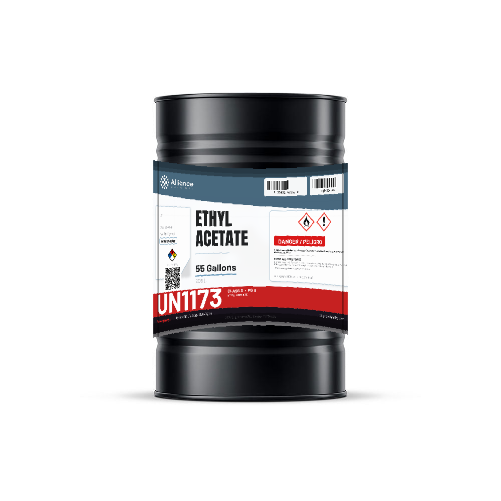 Ethyl Acetate ACS grade in a 55-gallon drum from Alliance Chemical for industrial coatings, lacquers, and adhesives