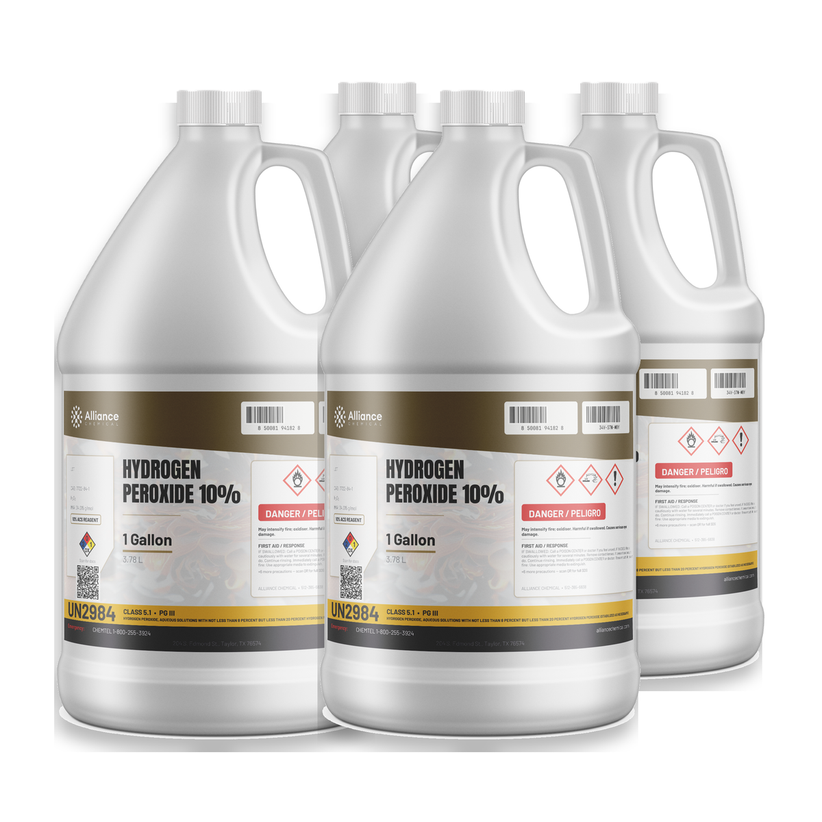 Hydrogen Peroxide 10% ACS Reagent Grade four 1-gallon jugs for laboratory analysis from Alliance Chemical