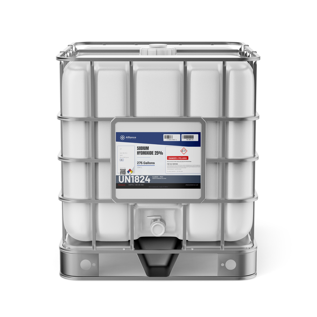 Sodium Hydroxide 25% Technical Grade in a 275-gallon IBC tote, Alliance Chemical for wastewater neutralization