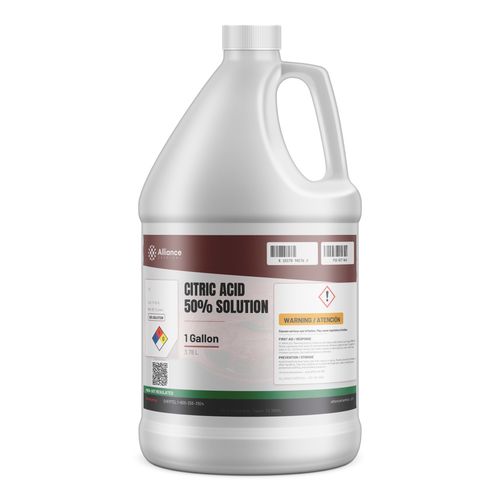 Citric Acid 50% Solution Technical Grade in a 1-gallon jug from Alliance Chemical for heat exchanger descaling