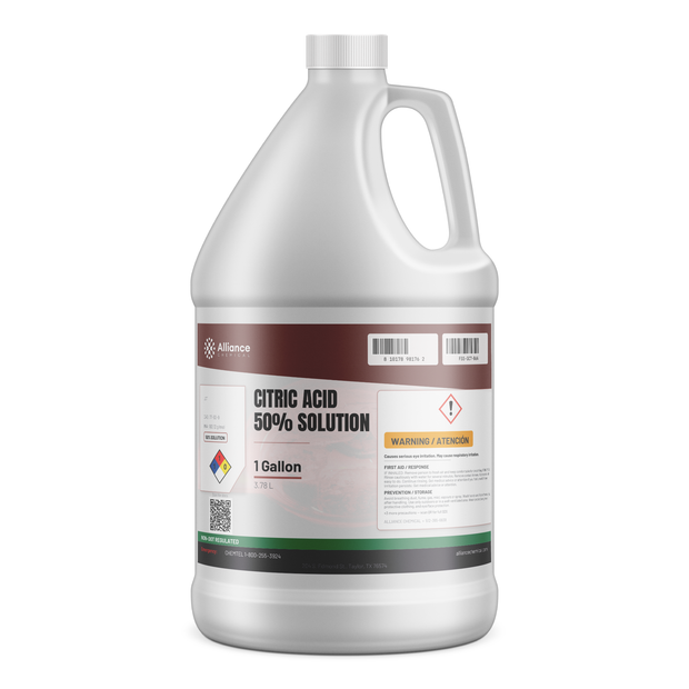 Citric acid 50% solution in a 1-gallon plastic jug for descaling and pH adjustment, Alliance Chemical
