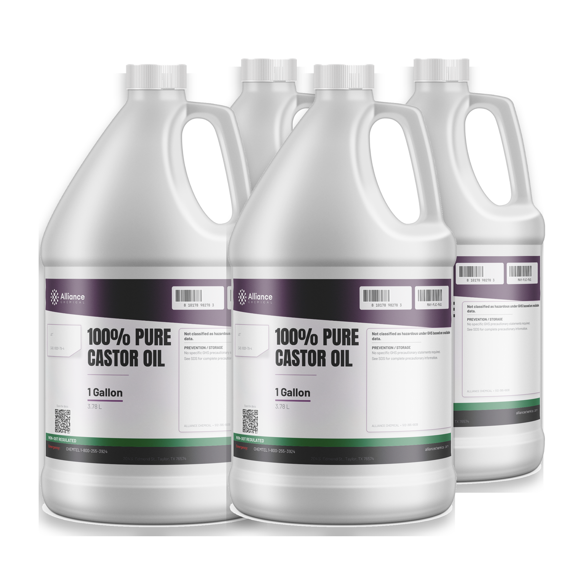 100% pure technical grade castor oil in a case of four 1-gallon plastic jugs from Alliance Chemical