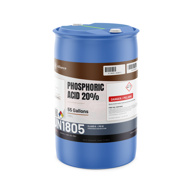 Phosphoric Acid 20% Technical Grade in a 55-gallon blue plastic drum, Alliance Chemical