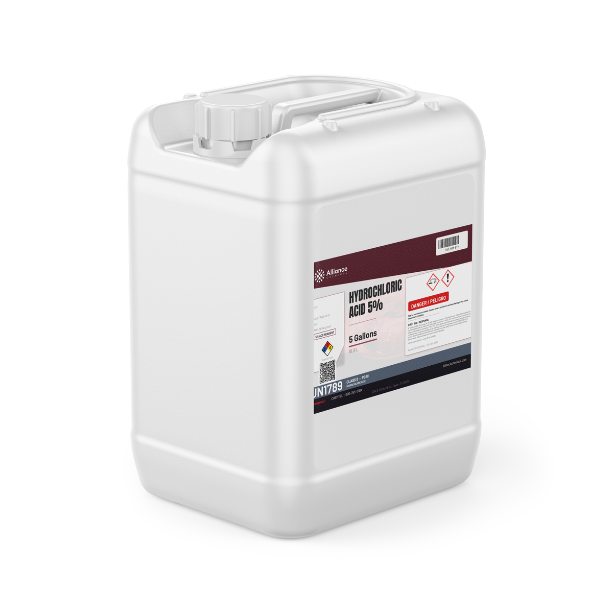 Hydrochloric Acid 5% ACS Grade in a white plastic 5-gallon jerry can, Alliance Chemical