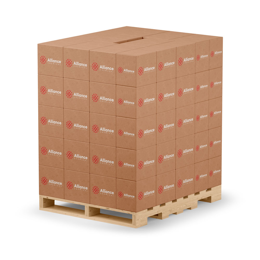 Full pallet load (36 x 4 Gallon Cases) of Alliance Chemical Type III a-a-59601e product stacked on wooden pallet, kraft boxes with red logo, industrial packaging configuration.